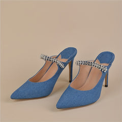 Denim Slingback High Heels Rhinestone Strap Slip On Stiletto Heels