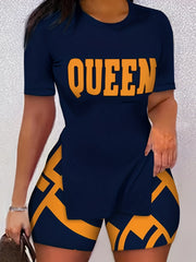 Queen Print T Shirt & Shorts Set Casual Two piece Women's Clothing