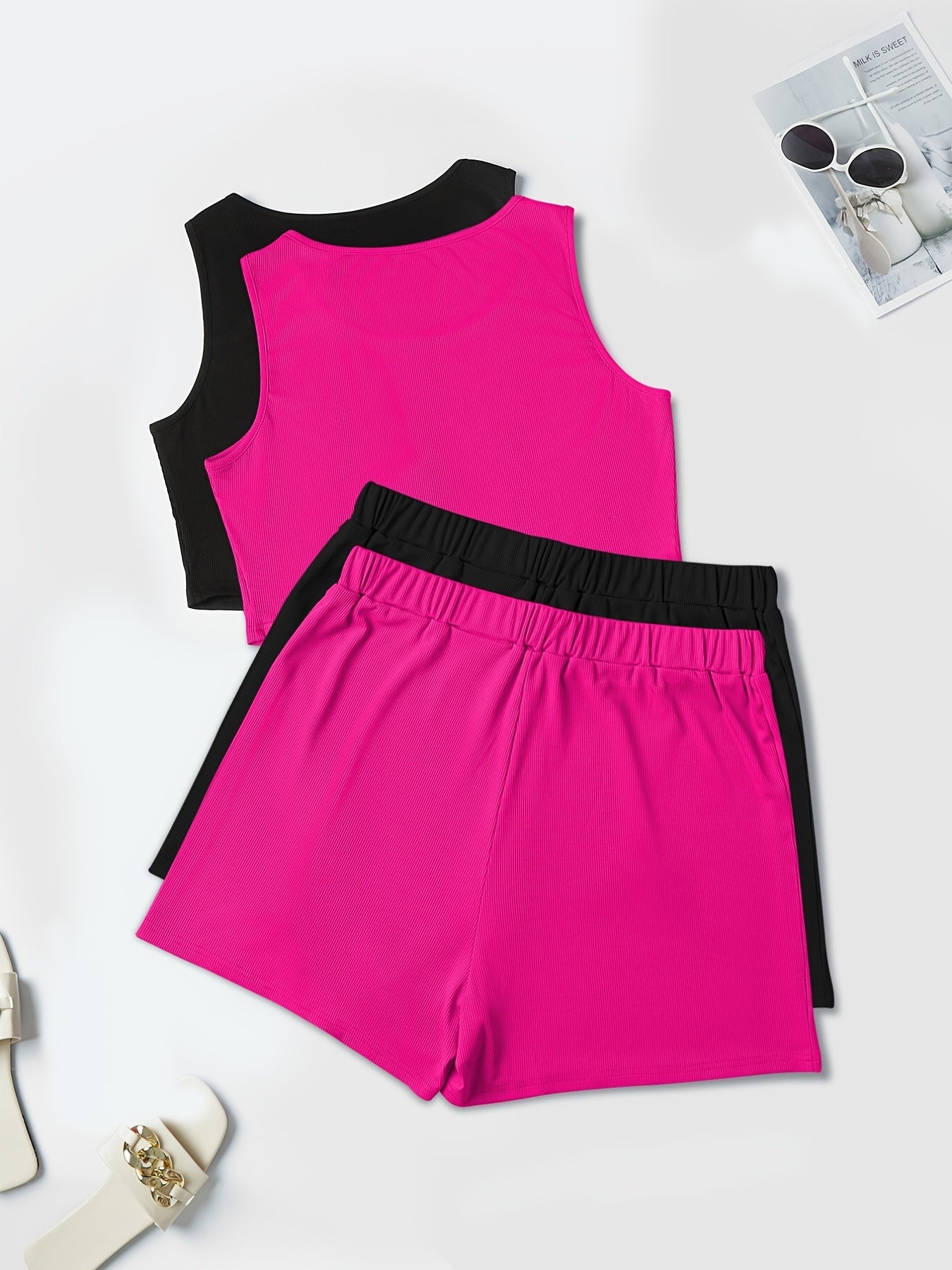 Women's Plus Solid Ribbed Tank Top & Shorts Set