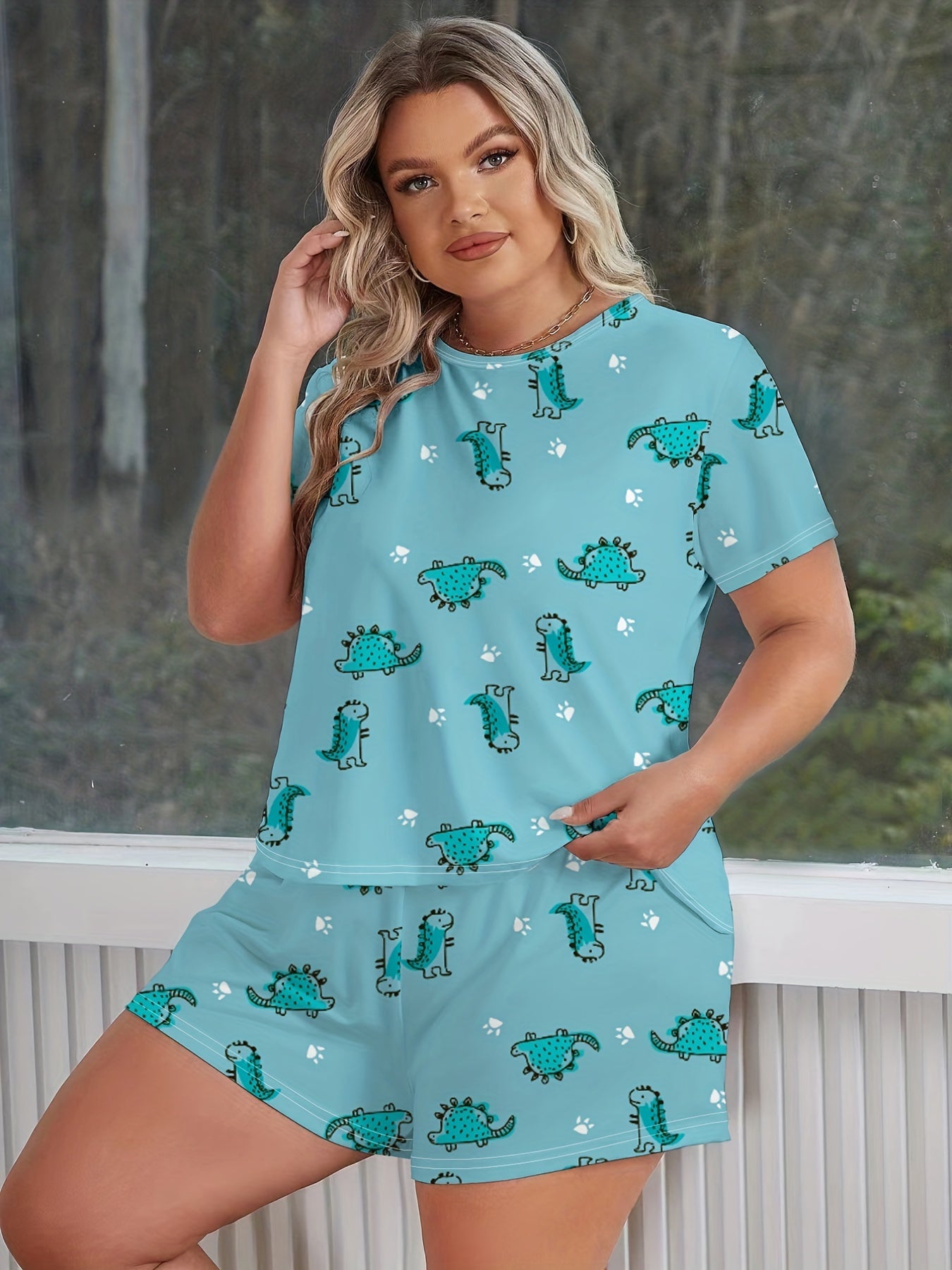 Plus Dinosaur Print Tee & Pants Set Women's Plus Size Loungewear 2pcs Set