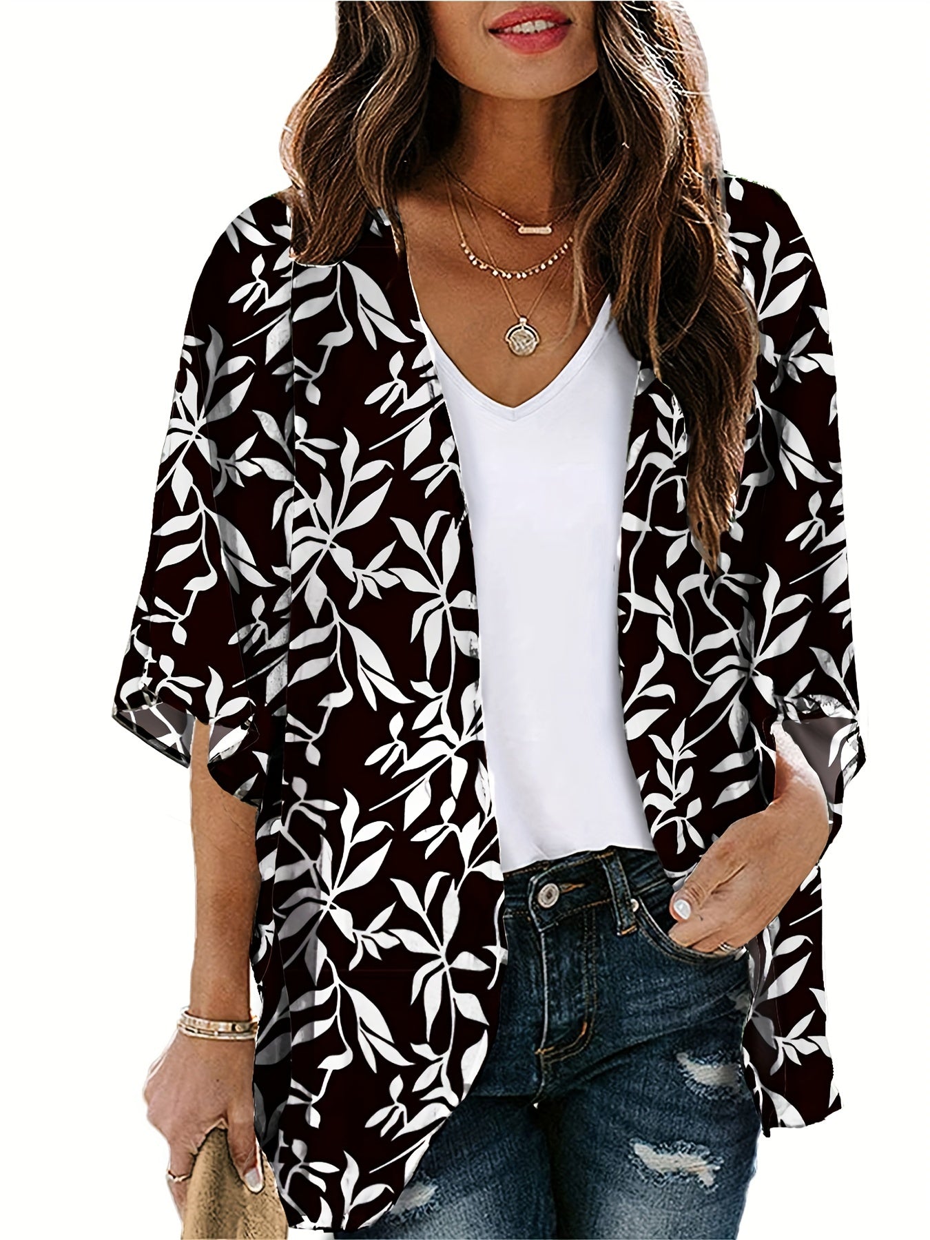 Print Cover Up Shirt V Neck Long Sleeves Loose Fit Casual Semi Sheer Cardigan