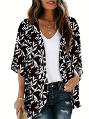 Print Cover Up Shirt V Neck Long Sleeves Loose Fit Casual Semi Sheer Cardigan