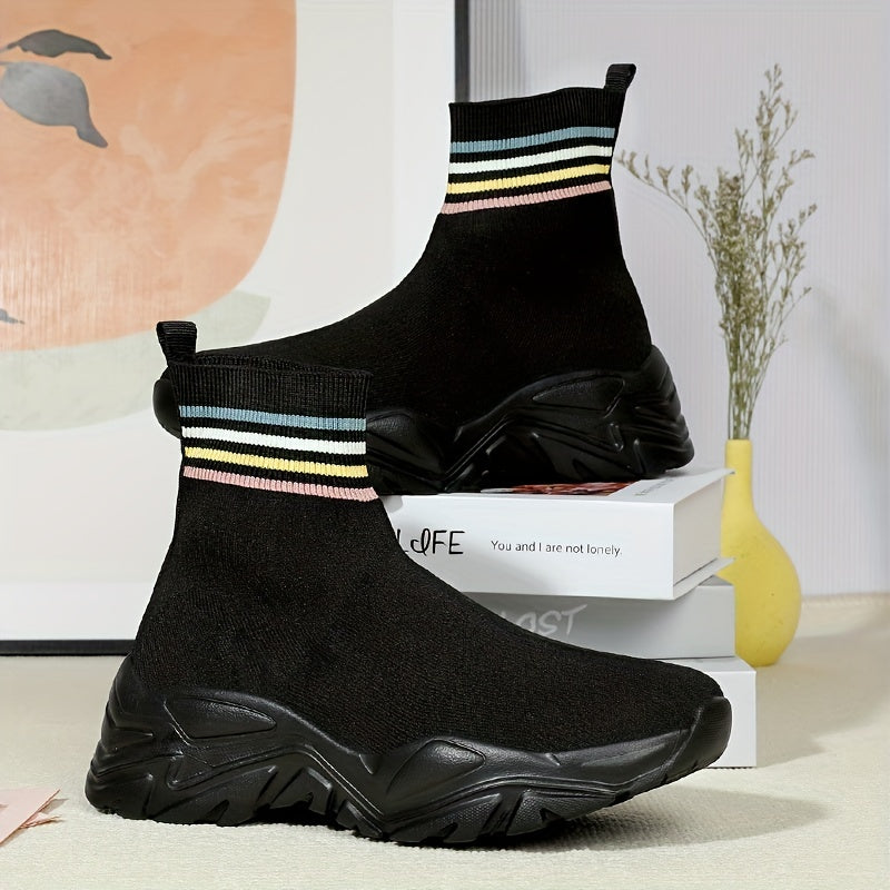 Women's Platform Sock Sneakers Striped High Top Outdoor Shoes