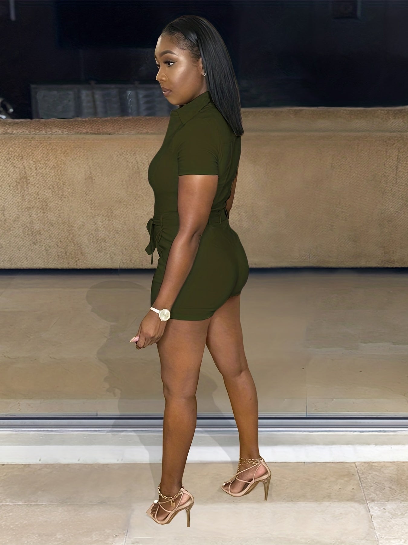 Stylish Zip Up Romper Short Sleeve Bodycon V Neck