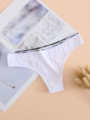 6 Pack Cotton Thong Panties, Solid Alphabet Waistline, Women's Lingerie