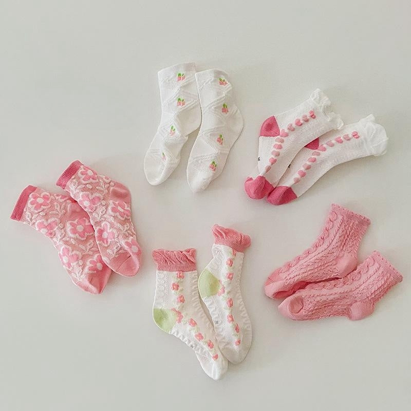 5 Pairs Girls Cotton Blend Lace Crew Socks for Spring/Autumn