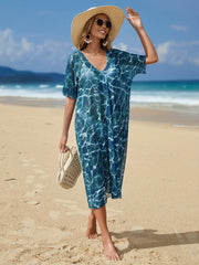 Ripple Print Cover Up Dress V Neck Short Sleeves Loose Fit Semi Sheer Beach Kaft