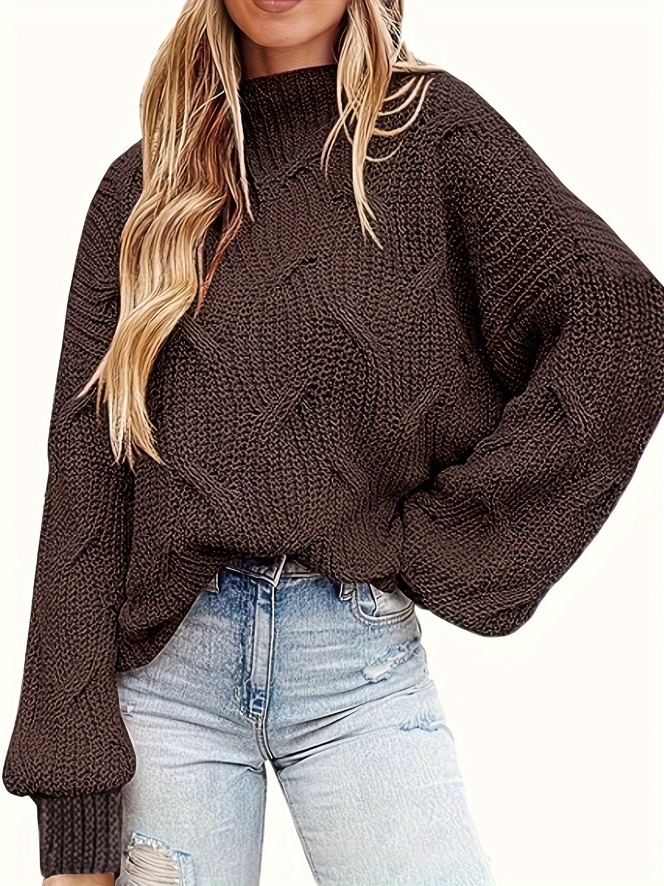 Plus Solid Cable Lantern Sleeve High Neck Sweater