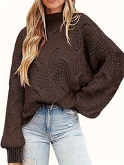 Plus Solid Cable Lantern Sleeve High Neck Sweater