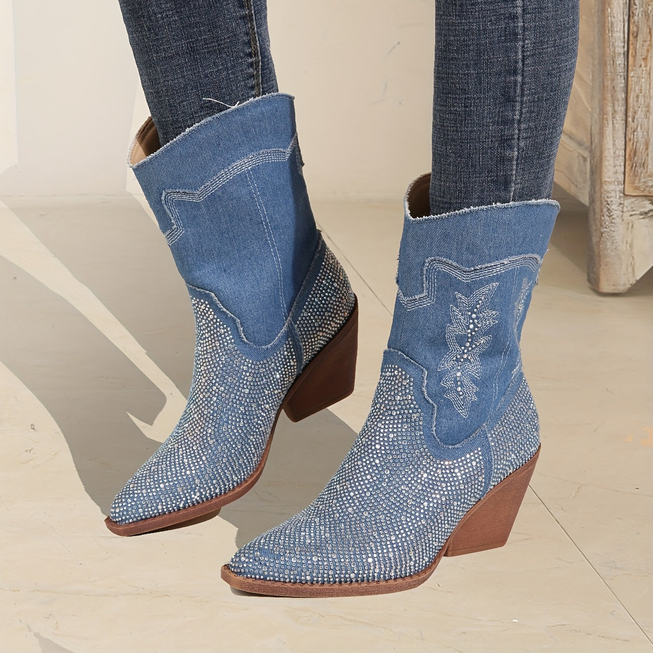 Women's Rhinestone Chunky Boots Embroidered Western Slip-On Dress Boots