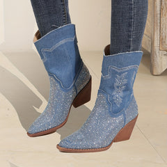 Women's Rhinestone Chunky Boots Embroidered Western Slip-On Dress Boots