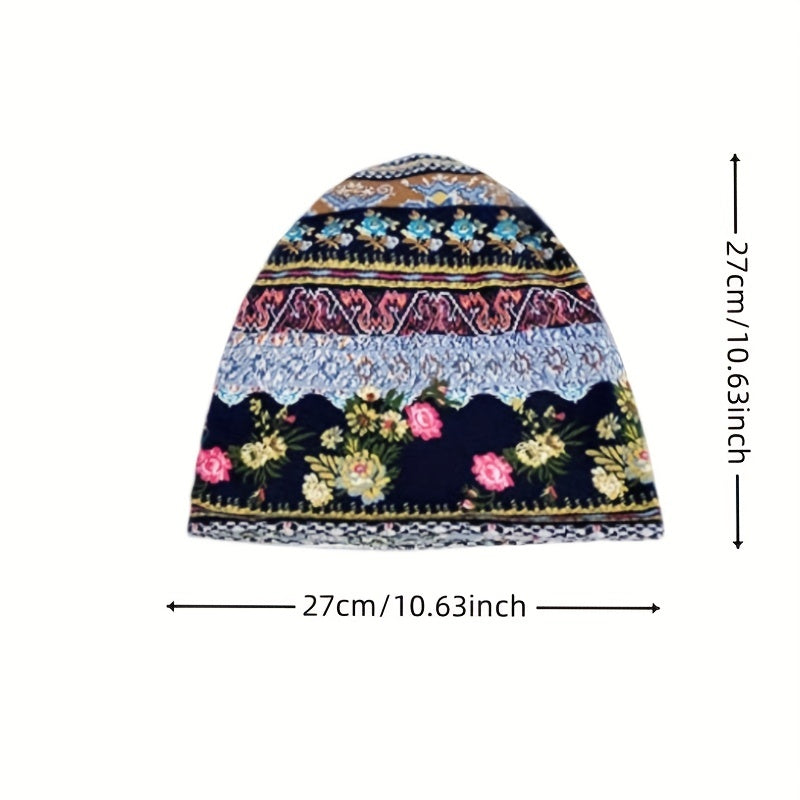 Vintage Floral Print Beanie Boho Warm Knit Hat