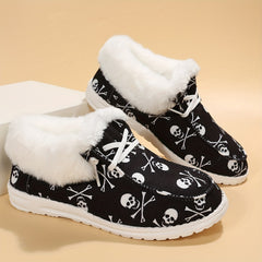 Plush Lined Canvas Shoes Halloween Skull Slip On Warm Shoes