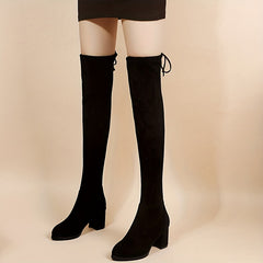 Women's Chunky Heeled Long Boots Pointed Toe Back Lace Up Over the knee Boots