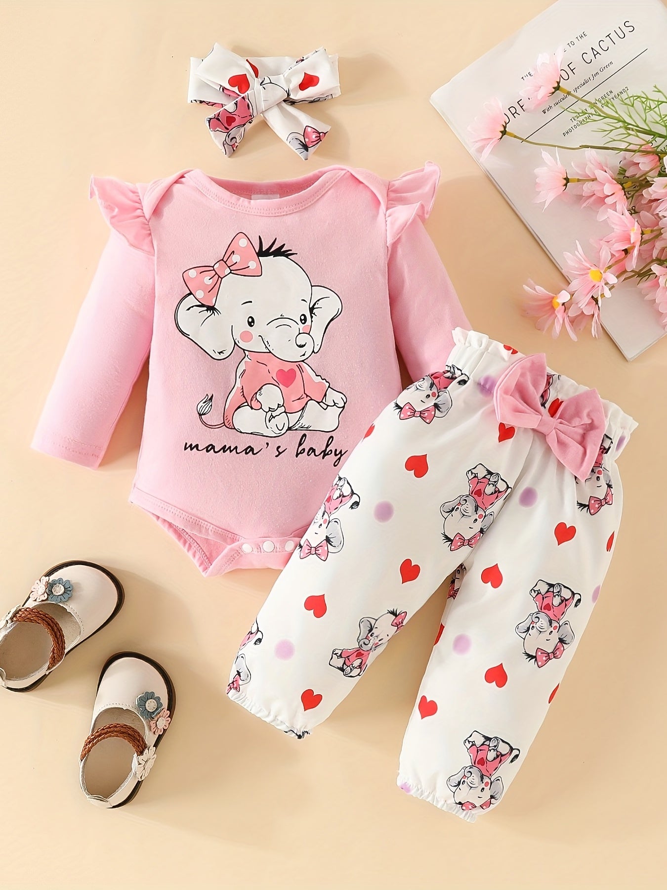 3pcs Baby Girl Elephant Long Sleeve Triangle Jumpsuit Bow Knot Trousers Set