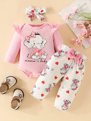 3pcs Baby Girl Elephant Long Sleeve Triangle Jumpsuit Bow Knot Trousers Set