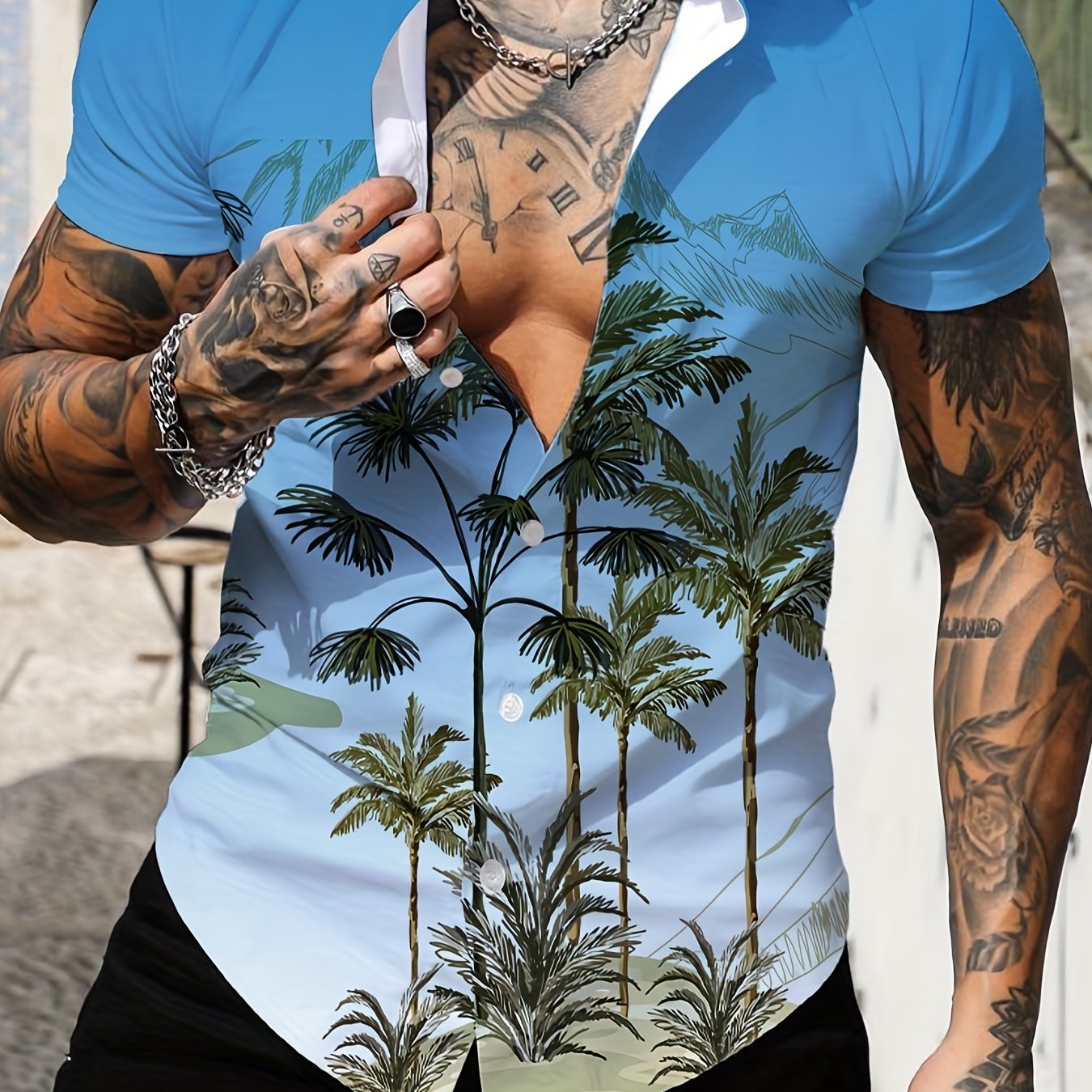 Coconut Tree Print Men's Casual Short Sleeve Shirt
