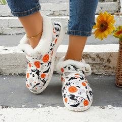 Women's Pumpkin Print Snow Boots Halloween Plush Lined Warm Canvas Loafers