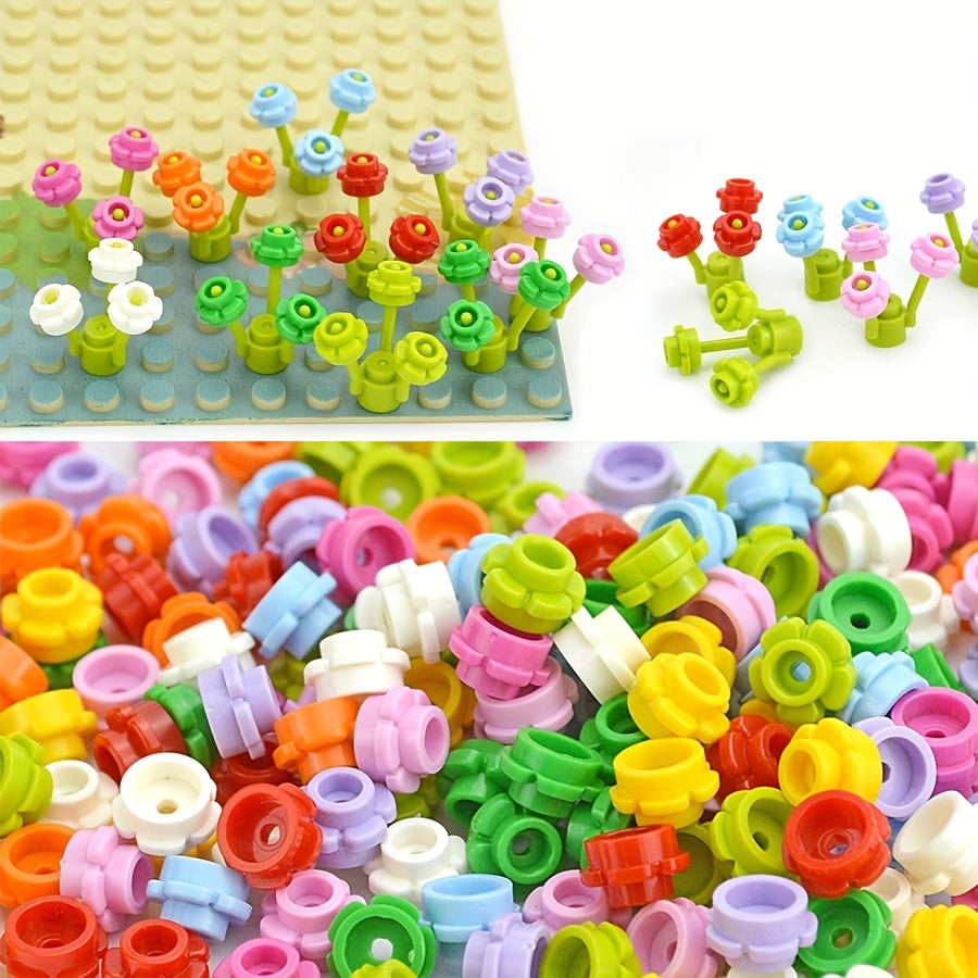 MOC Building Blocks 1x1 Five Petal Flowers and Stems DIY Toy