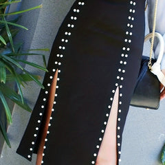 High Waist Beaded Split Skirt for Women