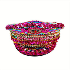 Glitter Red Military Hat Sequin Burning Man Captain Sergeant Hat Rhinestone Bach
