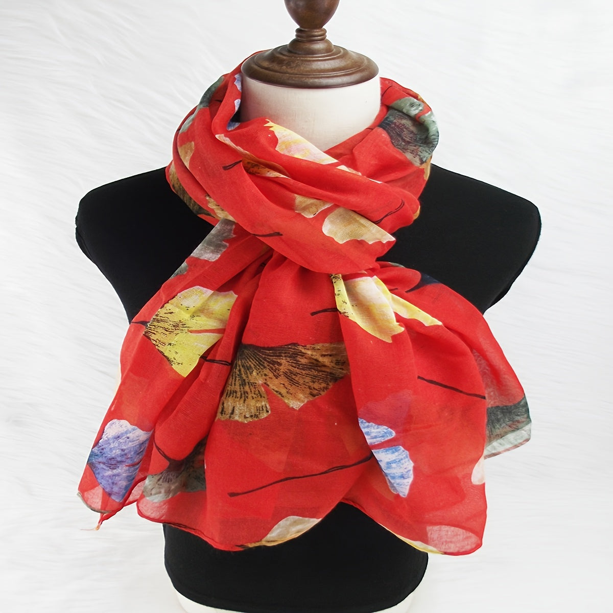 Ginkgo Leaf Print Red Scarf Vintage Shawl Turban Head Wrap Hijab