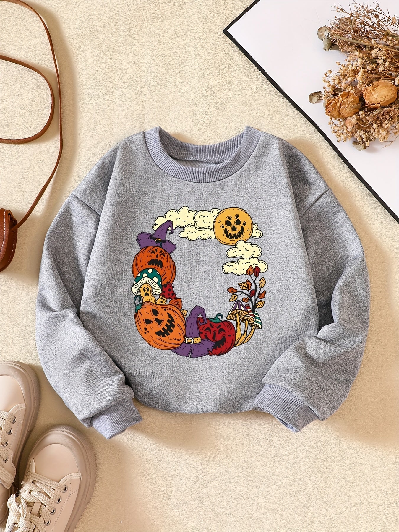 Cartoon Halloween Biosphere Print Crew Neck Sweatshirt for Girls