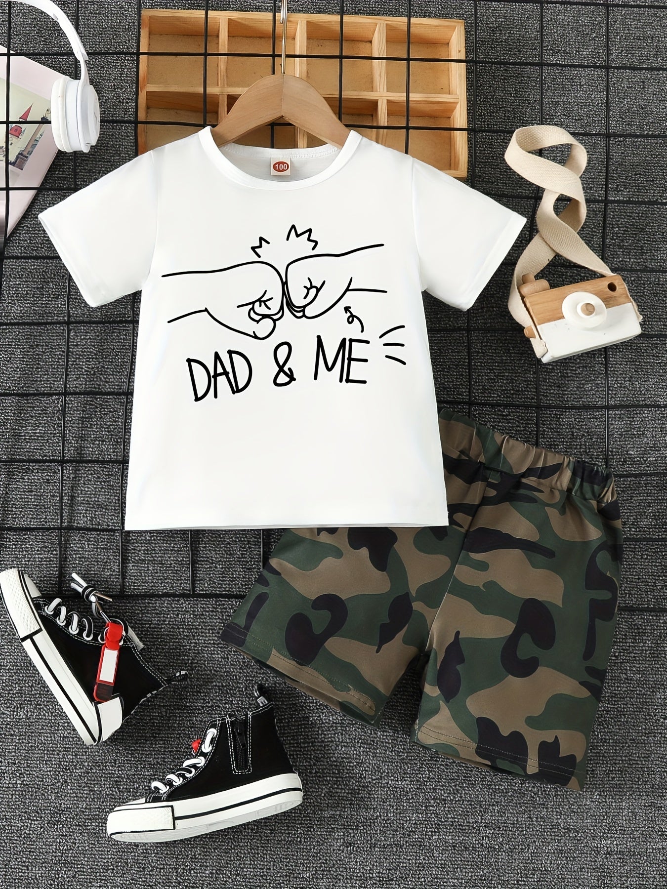 2pcs Boys Dad Fist Print Short Sleeve T shirt&Shorts Set Summer Clothing
