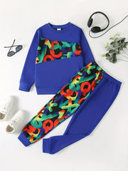 Boy's 2pcs Cartoon Letter Camo Sweatshirt & Sweatpants Set