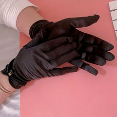 Faux Pearl Decor Satin Gloves Solid Elastic Gloves Wedding Bridal Dress Gloves