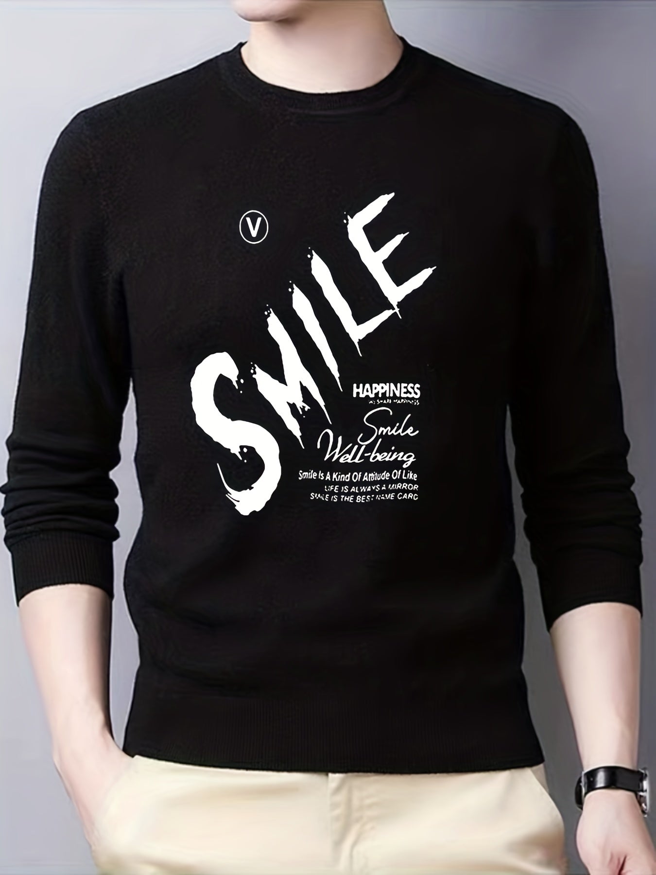 Smile Knitted Sweater Men's Casual Warm Crew Neck Pullover for Fall Winter