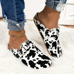 Women's Cow Print Slip On Flat Shoes Non slip Half Drag Slides