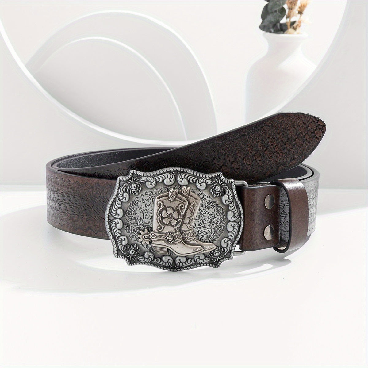 Men's Floral PU Leather Boost Belt Casual Jeans Cowboy Waist Strap