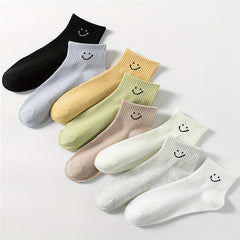 8 Pairs Smiling Face Print Crew Socks Women's Stockings