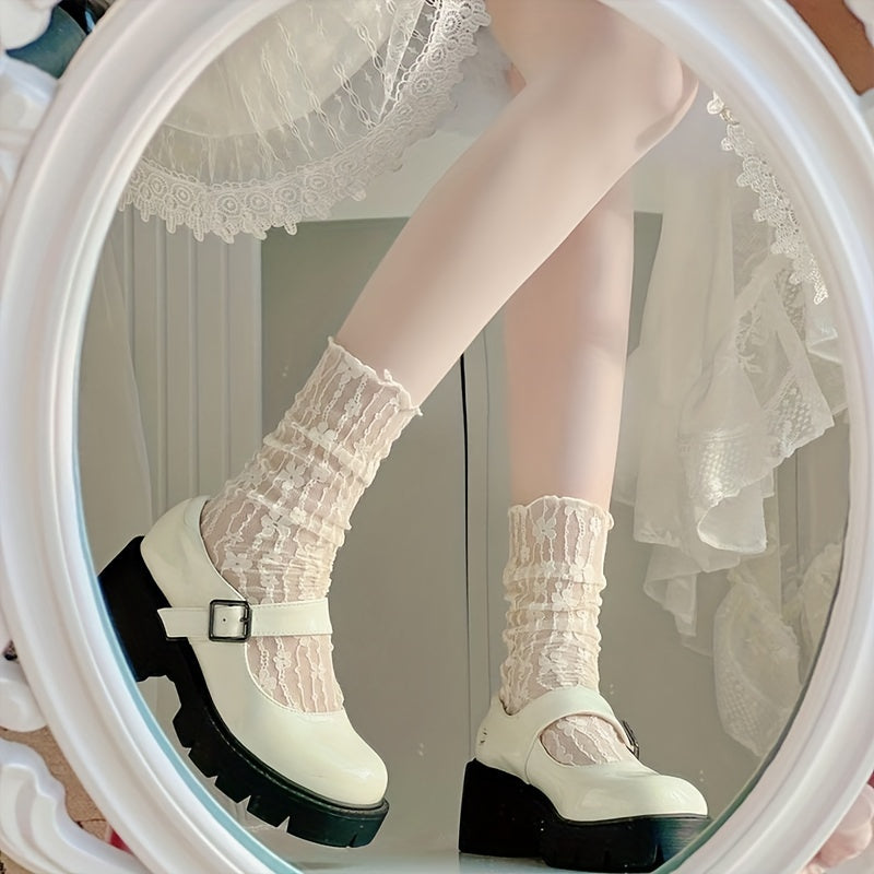 3 Pairs Floral Pattern Mesh Socks Comfy Mid Tube Socks