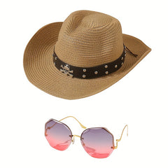 Cowboy Hat & Sunglasses Set Skull Belt Straw Sun Hat