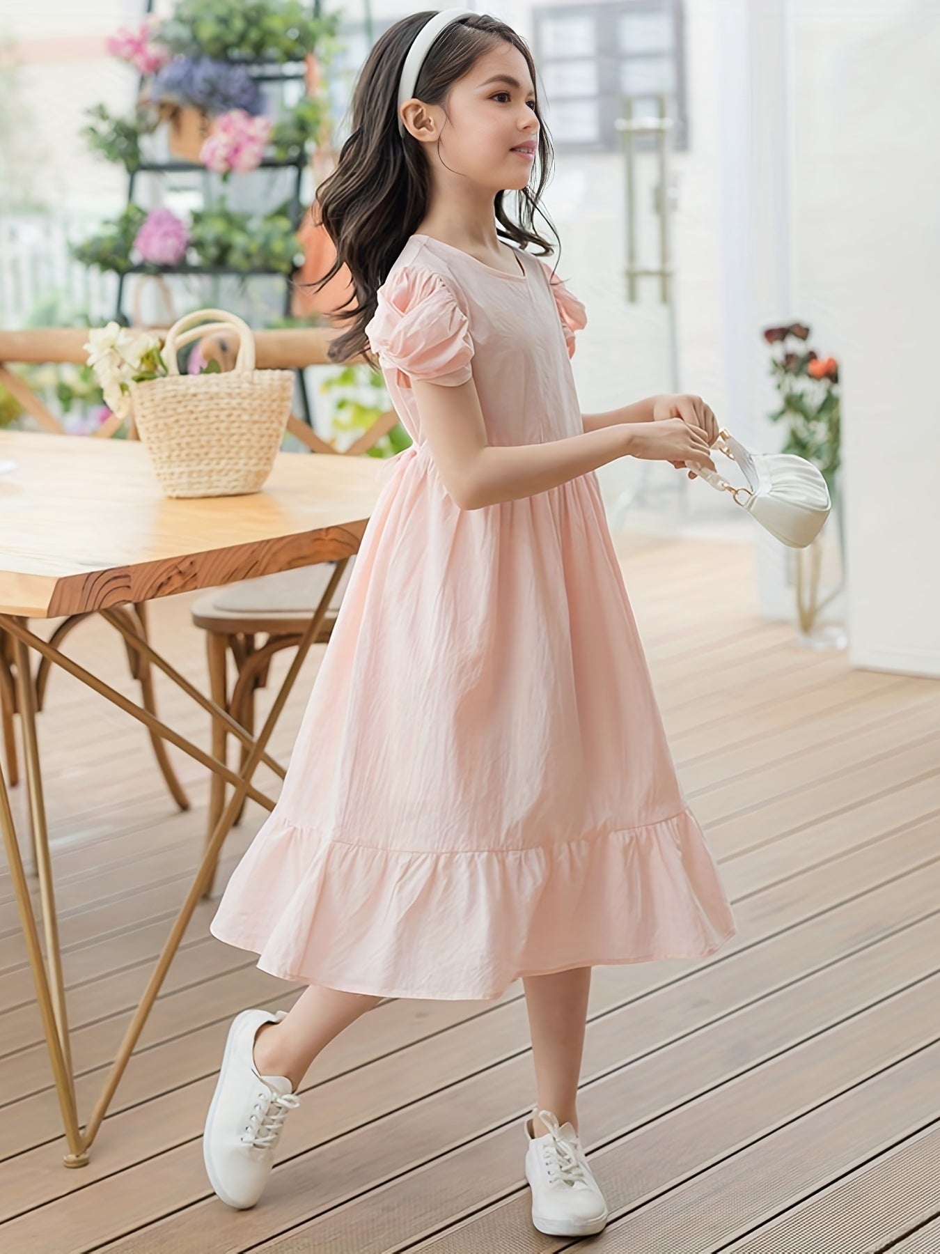 Girl's Summer Cotton Dress Crew Neck Puff Sleeves Bowtie Princess Dress