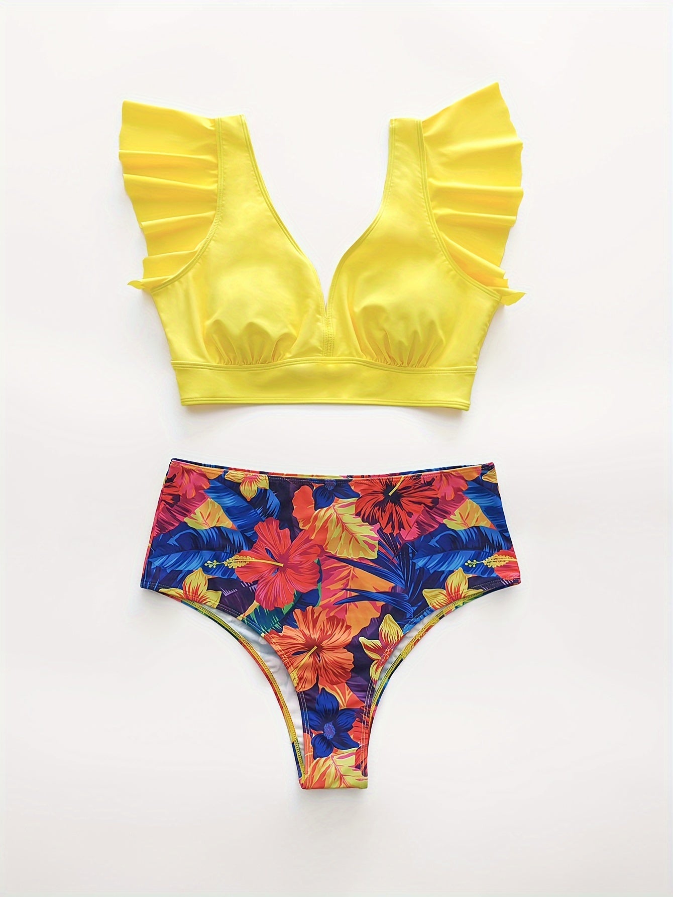 Ruffle Crop Top & Tropical Print Swimsuit Set