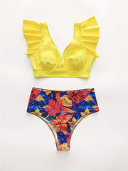 Ruffle Crop Top & Tropical Print Swimsuit Set
