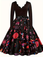 Colorblock Print V Neck Floral Trim Dress