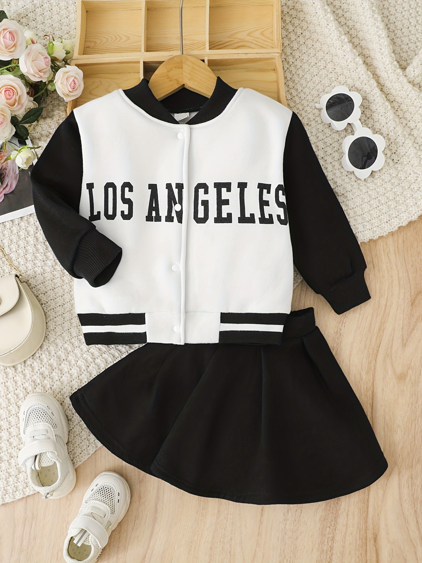 Toddler Girls Preppy Style Baseball Coat & Pleated Skirt Set