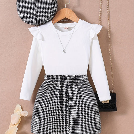 Girls 3pcs Ribbed Top Skirt & Hat Set Houndstooth Print Ruffle Top Kids Clothes
