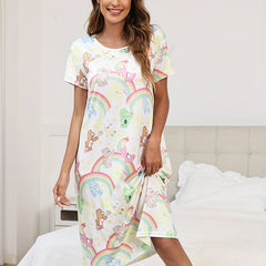 Cartoon Bear Print Lounge Dresses & Comfy Short Sleeve Home Dress