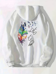 Feather Print Zip Up Hoodie Casual Hooded Sweatshirt