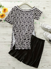 Greek Print Split Top & Solid Shorts Set Women's Outfit