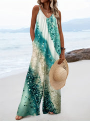 Marble Print Wide Leg Jumpsuit Spaghetti Jumpsuit