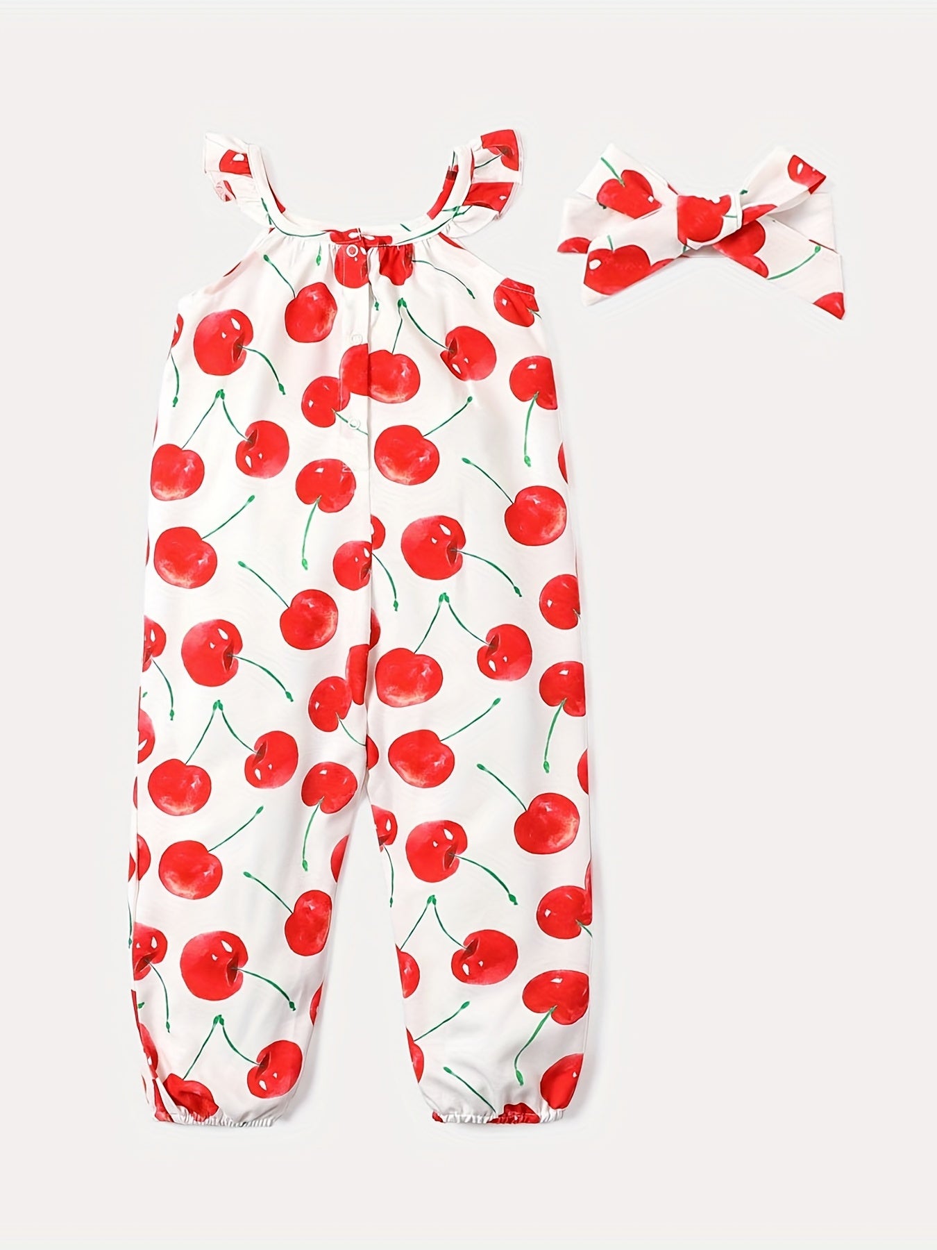 2pcs Toddler Girls Cherry Graphic Ruffle Trim Rompers Jumpsuits & Headband Set