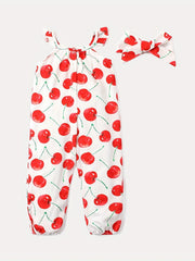 2pcs Toddler Girls Cherry Graphic Ruffle Trim Rompers Jumpsuits & Headband Set