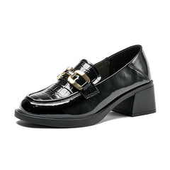 Women's PU Leather Block Heel Loafers Comfort Metal Chain Decor Square Toe Shoes