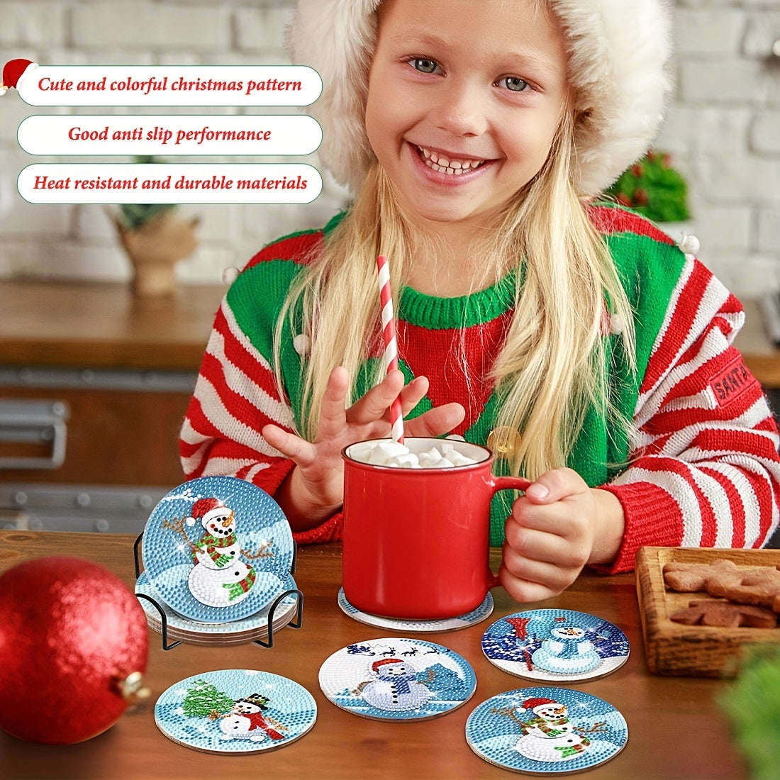8pcs Snowman Diamond Painting Coaster Kits With Holder DIY Diamond Art